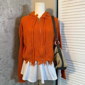 Orange Distressed Cream Knit Zip Up Hoodie